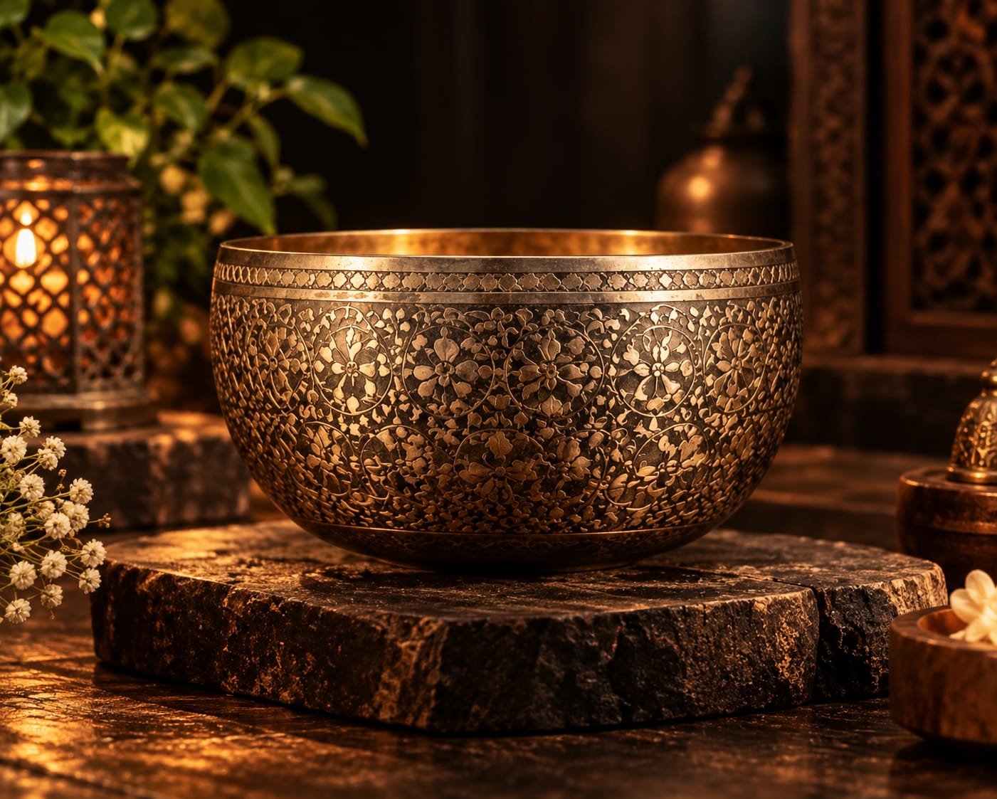Hand-carved singing bowl with traditional floral motifs