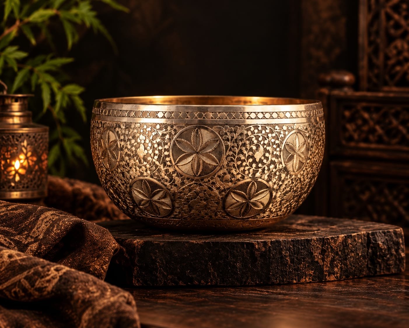 Antique-inspired singing bowl with floral and ornamental carvings