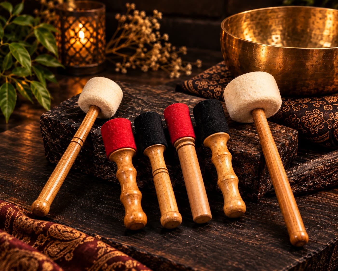 Wooden mallet with felt striking heads for singing bowls